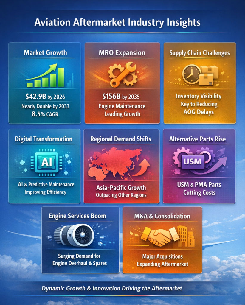 Aviation Aftermarket Industry Insights Infographic – Market Growth, MRO Expansion, Supply Chain, Digital Transformation, Regional Demand, Alternative Parts, Engine Services, and M&A Trends